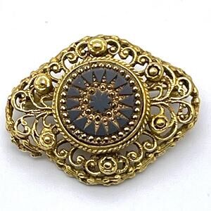 Vintage Ornate Gold-Tone Filigree Brooch Pin Black Starburst Florenza-Style